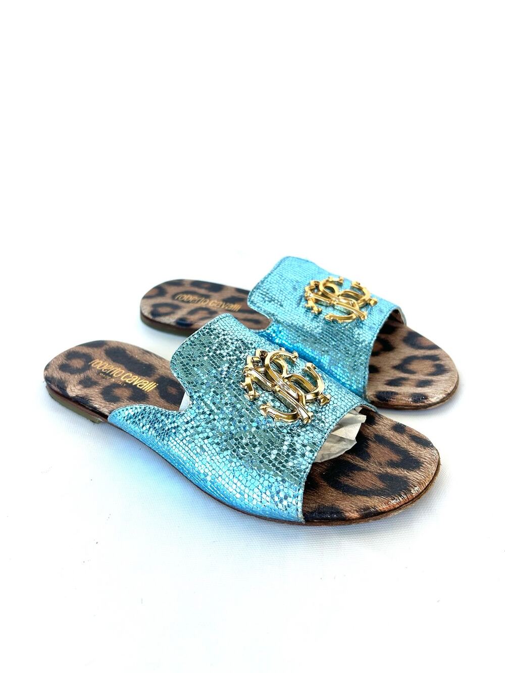Vintage Roberto Cavalli Pool Slides Teal Leopard Sandals Flats Logo 36 6